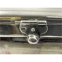 Edwardian silver mounted playing card case, hallmarked William Harrison Walter, Birmingham 1903, the sides each with a period playing card set behind a bevelled glass panel, the hinged cover with later engraving 'Presented to Norman T Crombie Esq by the officers & men of the 31st WR Detachment for services rendered 1917-1918', with red leather lined interior, the three compartments upon a sprung base and containing two later wooden Whist markers, case H12.5cm