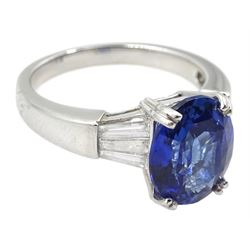 18ct white gold oval sapphire ring, with tapered baguette diamond shoulders, sapphire approx 4.15 carat
