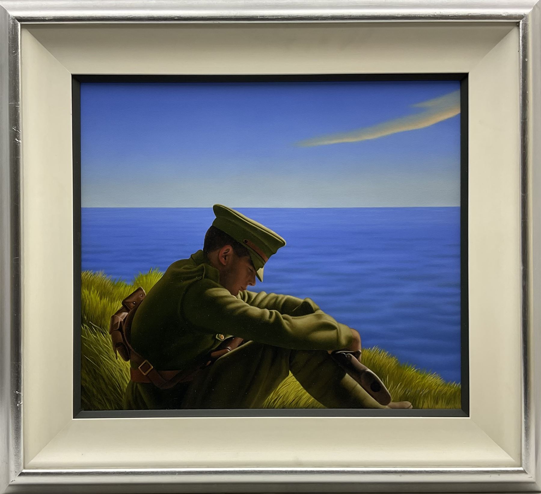 Ross Watson (Australian 1962-): Soldier's Contemplation on the Cliff Top, acrylic on board signed 44cm x 51cm