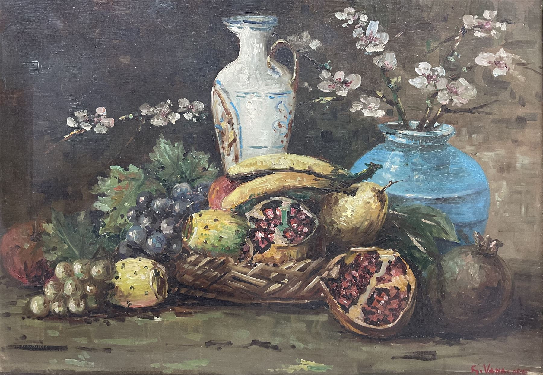 S Vanacore (Continental 20th Century): Still Life of Fruit and Blossom, oil on canvas signed 47cm x 68cm 