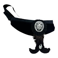 Set of mid 20th century bagpipes, with McLeod chanter, Royal Stuart cover, tassels, ribbons and spare accessories, contained within a wooden carry case, together with a Scarborough Highland Pipe Band uniform, comprising black highland dress jacket, Royal Stuart kilt, Glen Garry hat, Swinging Six sporren, Sgian Dubh knife, piper's dirk with knife and fork, etc