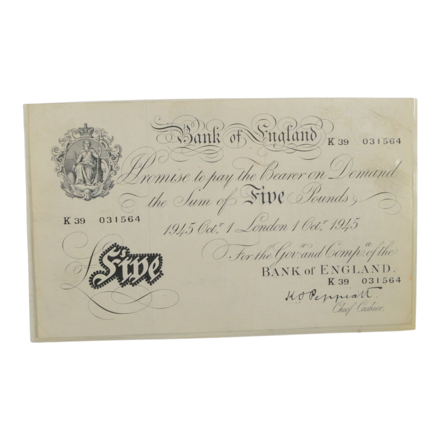 Bank of England Peppiatt white five pound note, K93 031564 London 1st October 1945