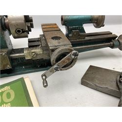 Cowells of Norwich model 90 modelmaker's lathe with handbook, the Pratt Bernard 4-jaw chuck with 4cm centre height and 7.5cm throw L44.5cm; together with an unrelated Hobbymat horizontal cross-slide with 4-way tool post (2)