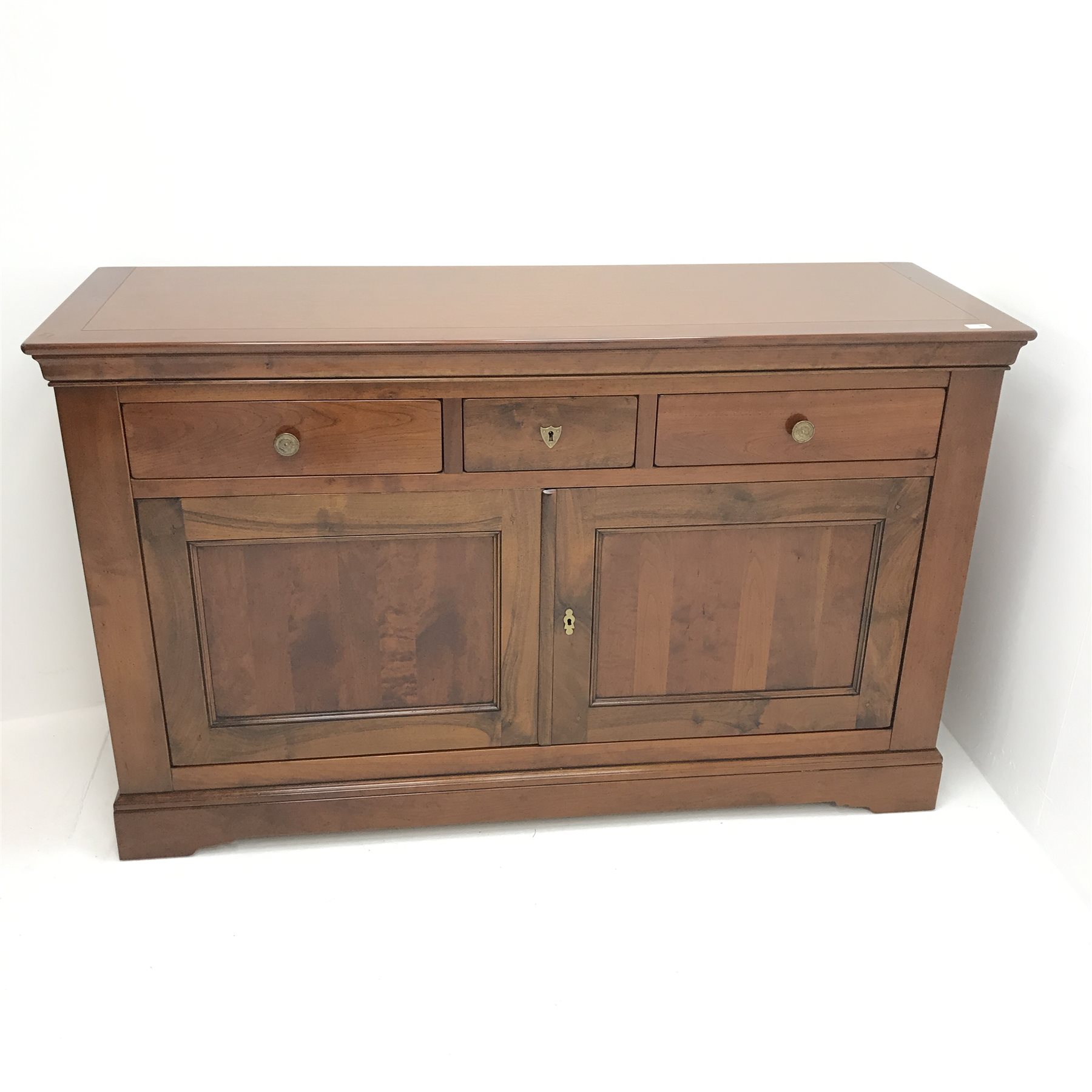 Grange cherrywood sideboard, one long and two short drawers above two cupboards, shaped platform base, W159cm, H97cm, D53cm