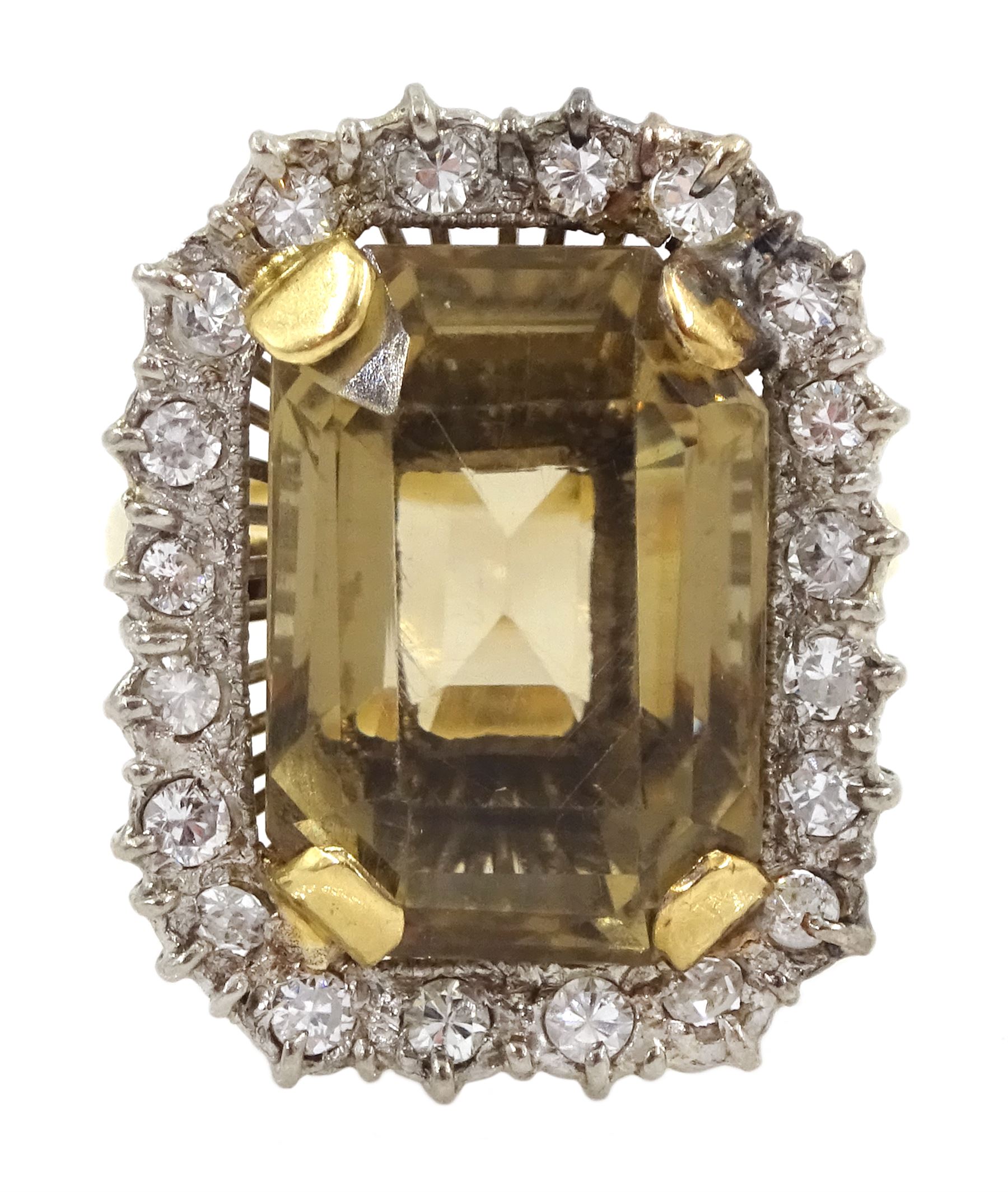 Gold emerald cut citrine/smoky quartz and diamond ring, stamped 18ct 