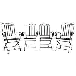 Set of six (4+2) grey finish wrought metal garden chairs, with shaped cresting rail over vertical slat back, latticework seat  - THIS LOT IS TO BE COLLECTED BY APPOINTMENT FROM DUGGLEBY STORAGE, GREAT HILL, EASTFIELD, SCARBOROUGH, YO11 3TX