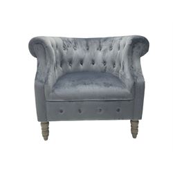 Natural velvet Chesterfield button pressed tub chair with rolled arms, turned oak legs