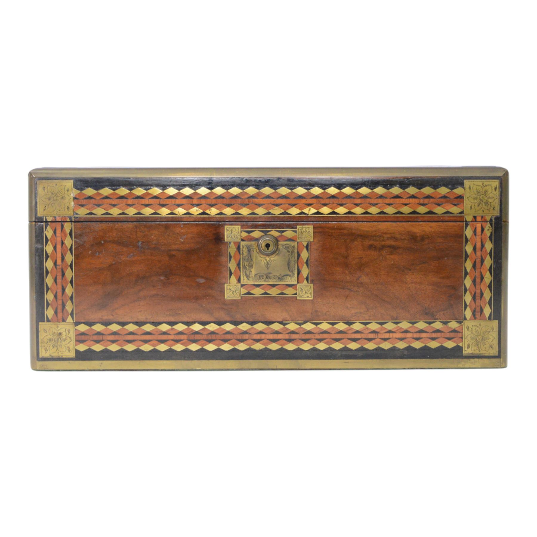 19th century rosewood writing slope, of rectangular form, the hinged cover and front with inlaid foliate engraved brass corner panels, and inlaid marquetry and brass diamond borders, the cover with foliate engraved and named central plaque, opening to reveal a fitted and compartmented interior with gilt tooled black leather slope, H21cm W50cm D28.5cm