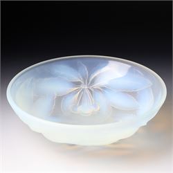 G Vallon, a French opalescent glass bowl decorated with a raised pattern of cherries and l...