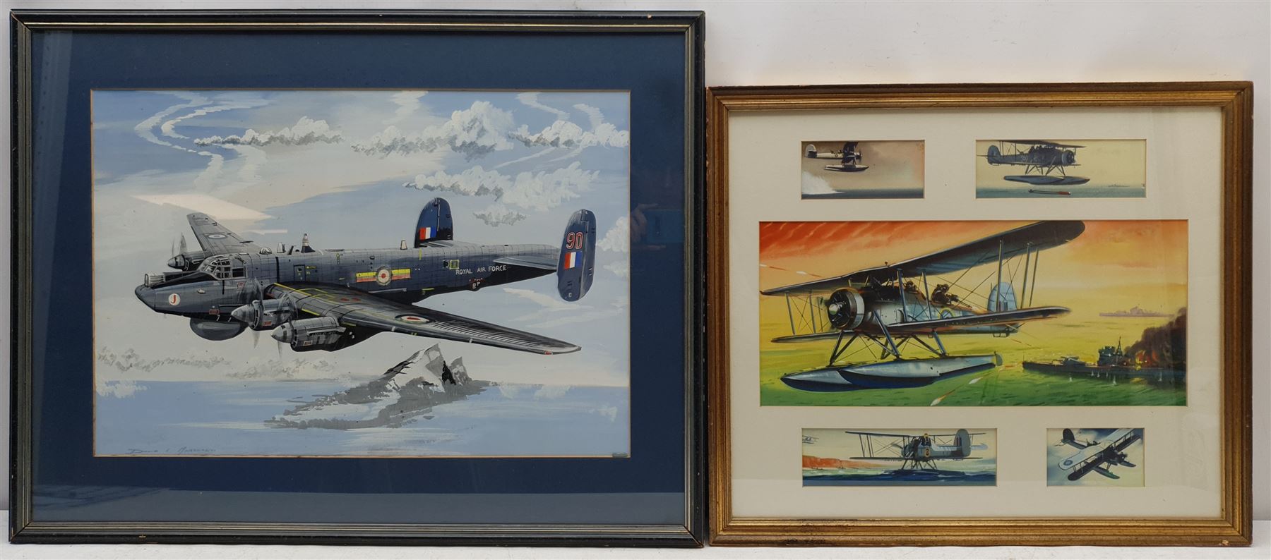 David L Marshall (British 20th century): AVRO Shackleton AEW.2, gouache signed 38cm x 56cm; English School (20th century): Biplanes, five watercolours heightened in white framed as one unsigned, largest 20cm x 45cm (2)