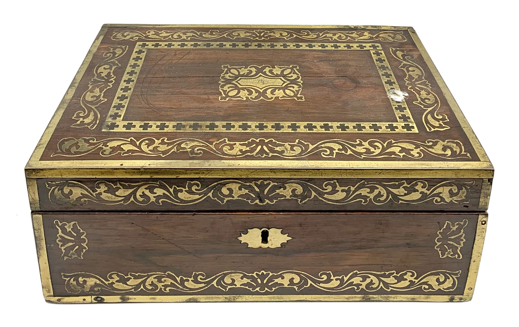 Victorian rosewood vanity box, with scrolling foliate brass inlay and twin brass inset campaign style handles, the hinged cover opening to reveal a gilt tooled interior with divisions, L33cm D22.5cm H13cm