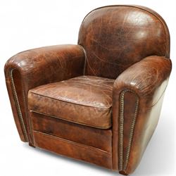 Timothy Oulton for Halo - vintage style brown leather club armchair, of rounded form with ...