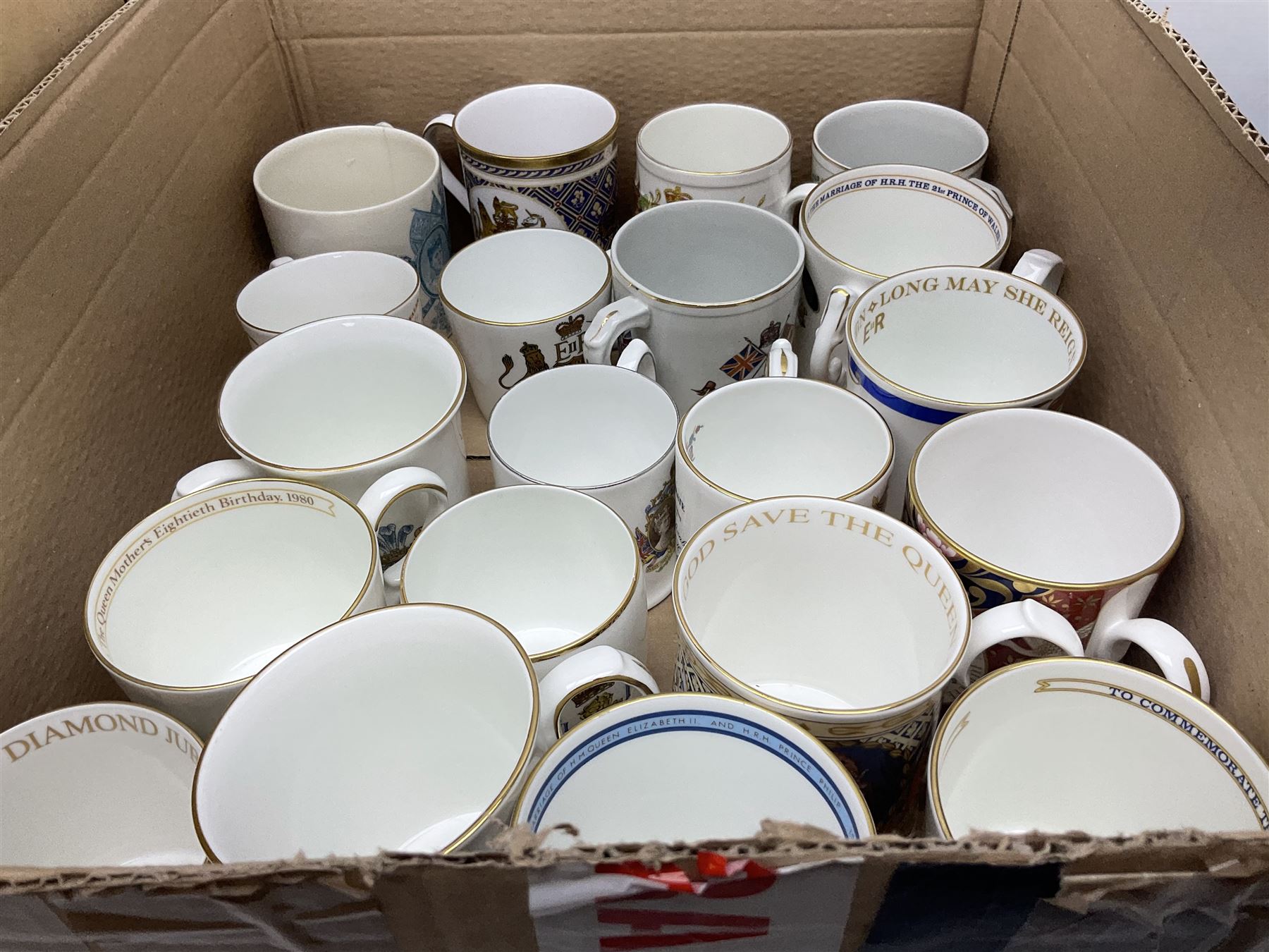 Collection of Victorian and later commemorative mugs, to include Queen Victoria 1887 Jubilee cup, Rd No. 64761, Royal Doulton Victory and Peace mug, 1919, Rd 666159, Royal Doulton King Edward VII blue transfer coronation, Royal Doulton 1937 George Coronation, Harrods Limited Rulers Of An Empire on Which The Sun Never Sets, Royal Worcester Victory in the Gulf, two Shelley examples, Spode limited edition Queen Elizabeth II Golden Jubilee etc in two boxes