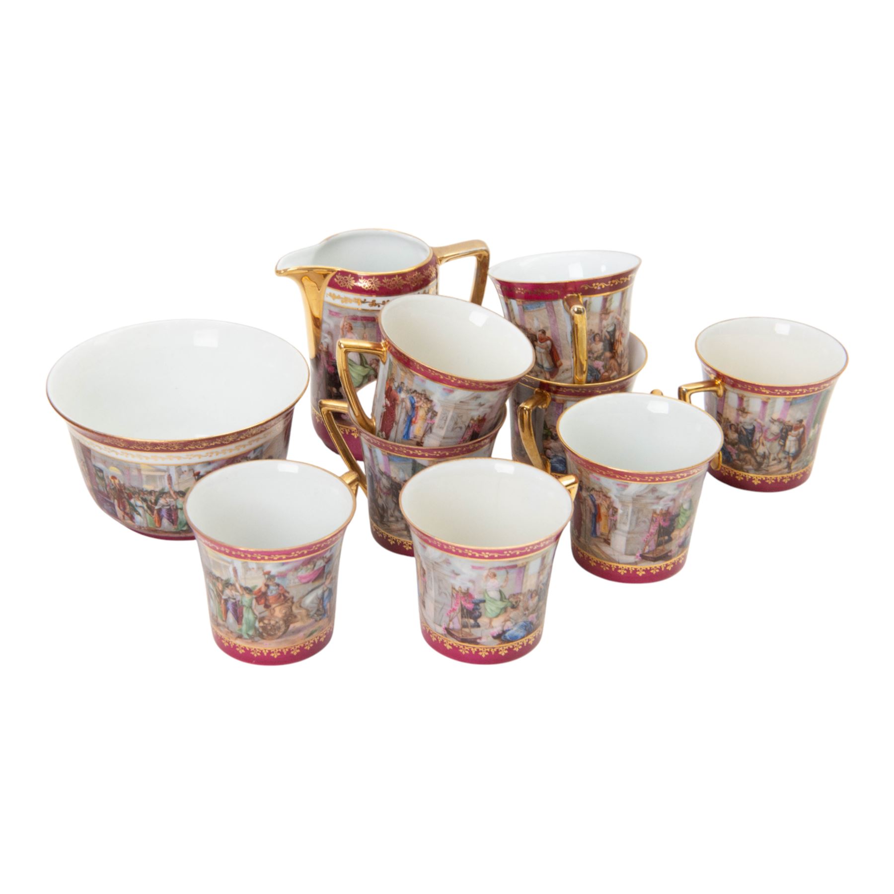  20th century Royal Vienna-style part tea service, comprising eight cups and saucers, ten dessert plates, one cake plate, milk jug and sugar bowl