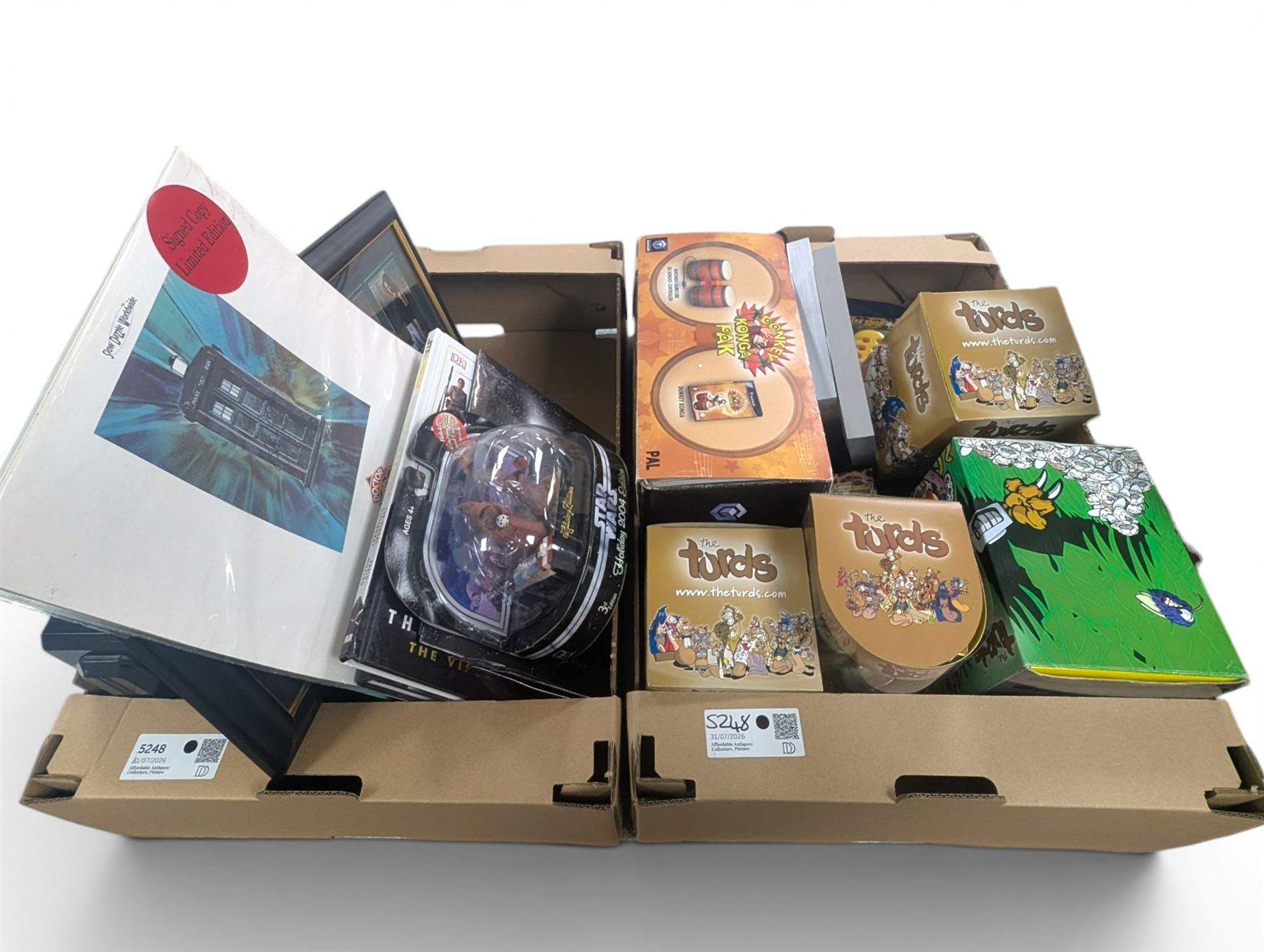 Toys and collectables, including Star Wars reference books, Nintendo Gamecube Donkey Konga Bongos, signed limited edition Doctor Who calendar, four The Turds figures, Tardis plastic storage box, etc