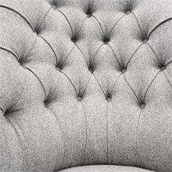 Victorian rosewood framed chaise longue, shaped back upholstered in buttoned herringbone fabric over serpentine fronted seat, scrolled cabriole arm terminals and supports terminating to ceramic castors 