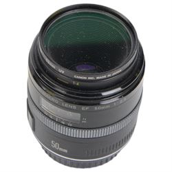 Canon EOS 5D Mark II camera body, serial no. 1631012789, with shoulder strap, battery grip BG-E6 and Canon compact-macro 50mm 1:2.5 EF lens serial no. 282912, in original box