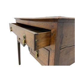 18th century Welsh oak lowboy, fitted with long drawer above three small drawers, square tapering supports, with fan carved corner brackets, circular plate and drop handles 