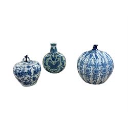 Chinese blue and white porcelain jar in the form of a pumpkin together with moon flask dec...