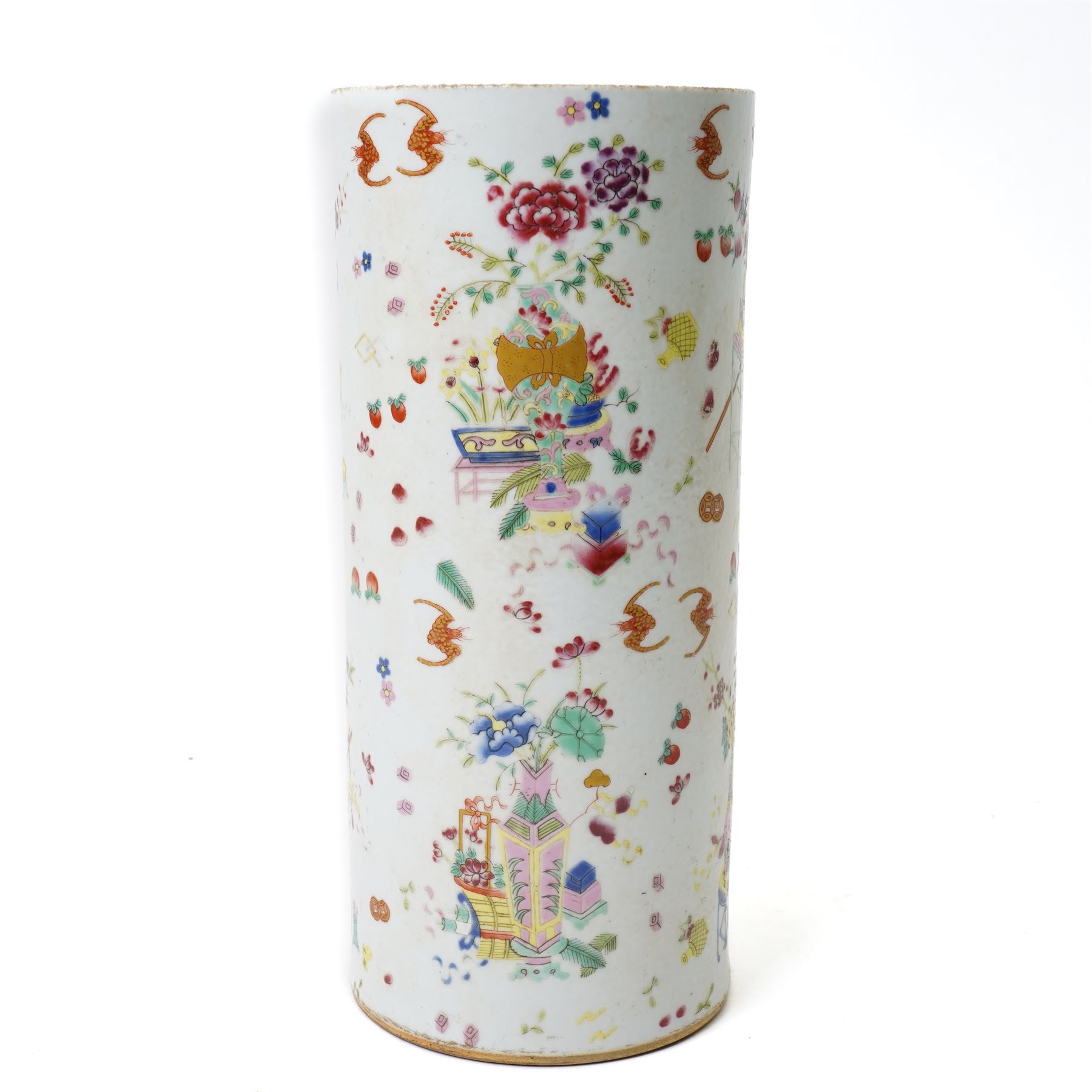 Chinese famille rose vase, of cylindrical form, decorated in enamel and gilt with precious objects, bats, flowers and fruit, six character iron red mark beneath, H28cm x D12cm 