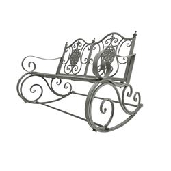 Regency design wrought metal rocking garden two seat, pierced back with scroll design over...