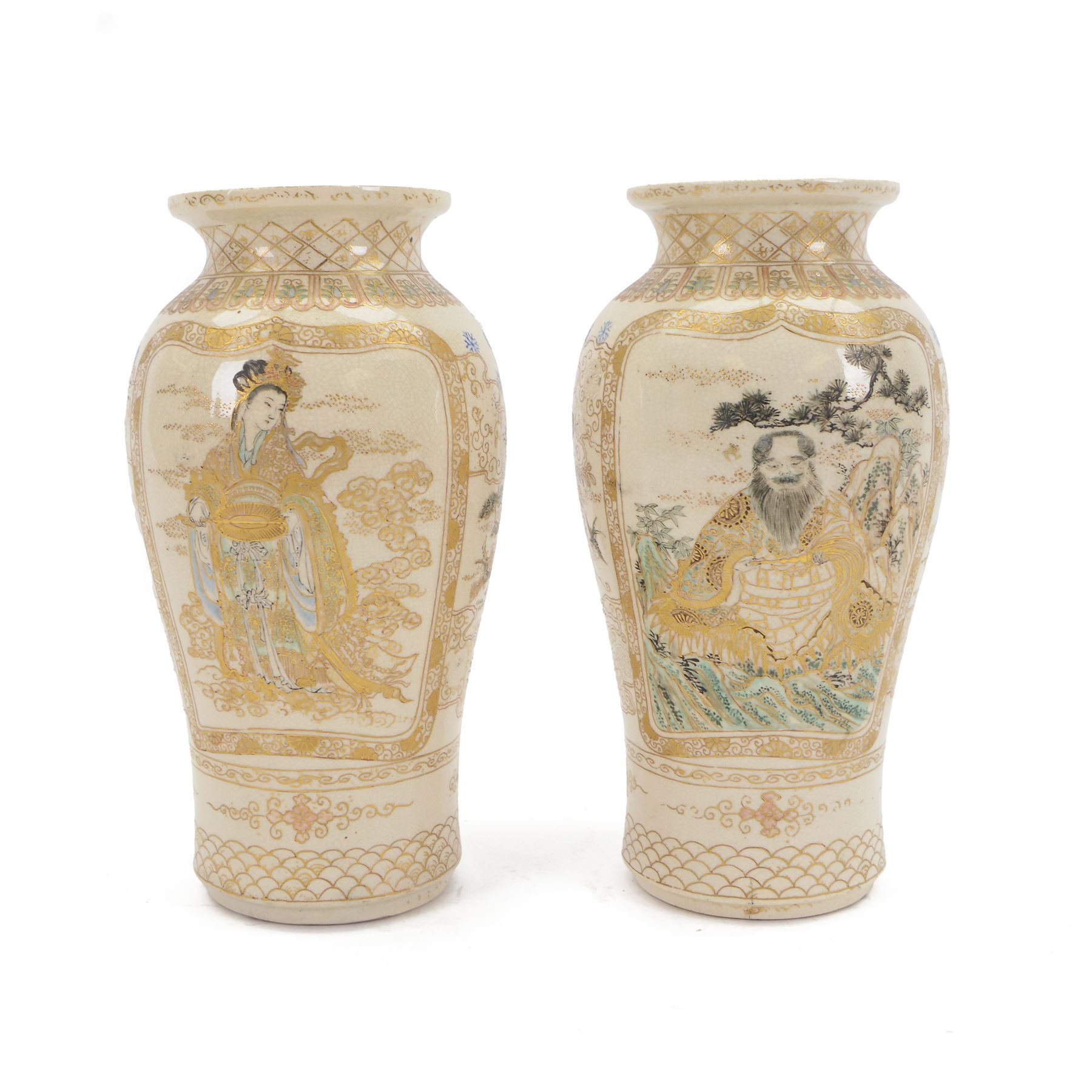 Pair of Japanese Satsuma vases, of baluster form, the panels decorated with immortals and children in a garden, H24cm 