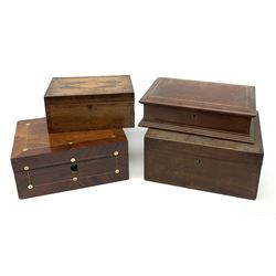 A 19th century rosewood and mother of pearl inlaid box, together with an Edwardian inlaid and cross banded mahogany example, and two further mahogany examples. (4). 
