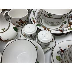 Wedgwood Hunting Scenes dinner and tea service for ten, to include dinner plates, side plates, dessert plates, cups and saucers, mugs, two large teapots, two milk jugs, etc, together with matching items by coalport and Staffordshire (94)