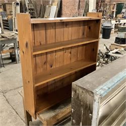 19th century pine shelf (W110cm, H123cm, D31cm); two 20th century open bookcases; polished pine four tier book case; and a pine coffee table (5) - THIS LOT IS TO BE COLLECTED BY APPOINTMENT FROM THE OLD BUFFER DEPOT, MELBOURNE PLACE, SOWERBY, THIRSK, YO7 1QY