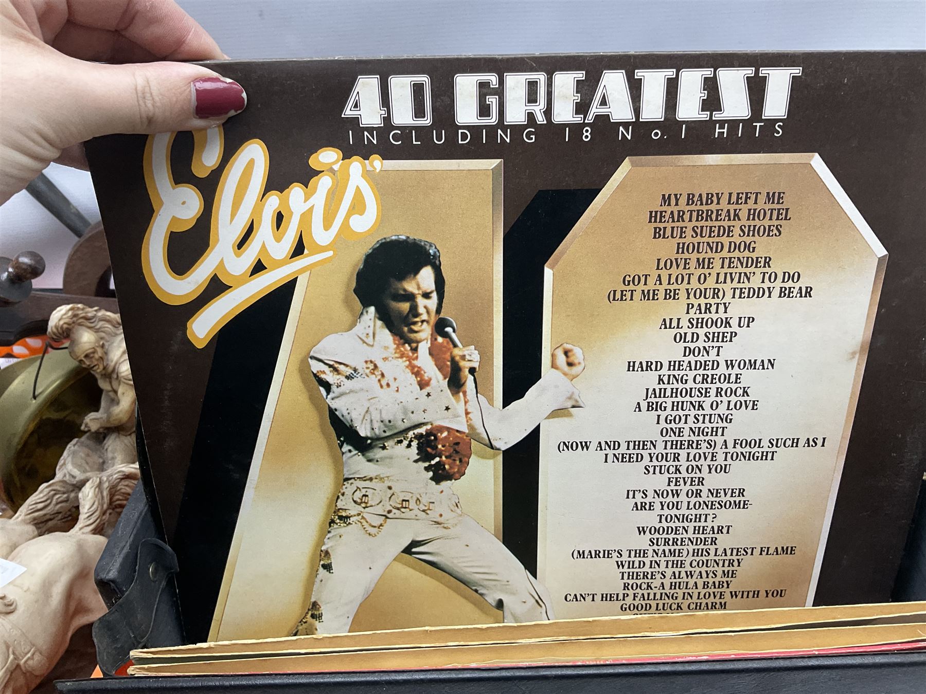 Composite figure of a Roman chariot, together with Olympia NK4040 camera, sewing machine and other collectables, in two boxes  