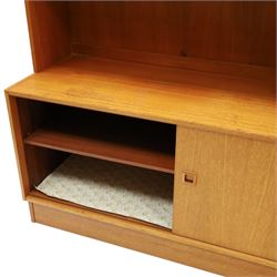 Clausen & Son Silkeborg - Danish 1960s teak highboard wall unit, the upper modular section with open shelves, smoked glass sliding doors and 12