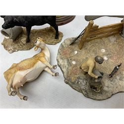 Collection of Border Fine Arts figures, comprising Exmoor Stallion A4058, Highland Mare & Stallion A2691, Welsh Cob A20804, On The Farm A0167, calf figure with bucket and figure group of cow and farmer with cat and kittens (6)