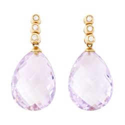 Pair of 18ct rose gold morganite and diamond earrings, each white gold stud set with a sin...