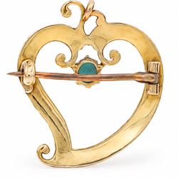 Edwardian 15ct gold pearl and turquoise witches heart brooch