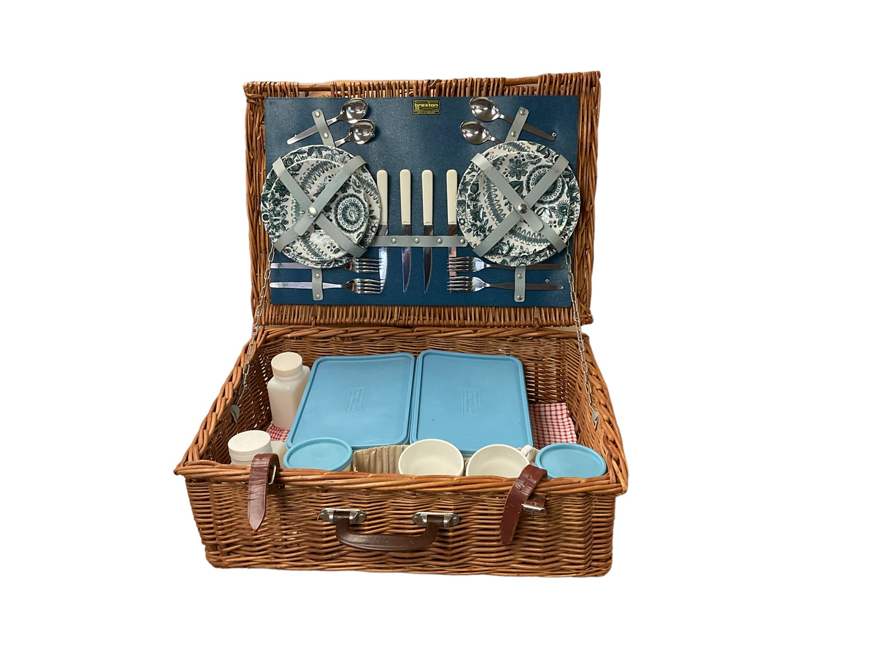 1960s Brexton wicker picnic hamper for four with flatware | Wood