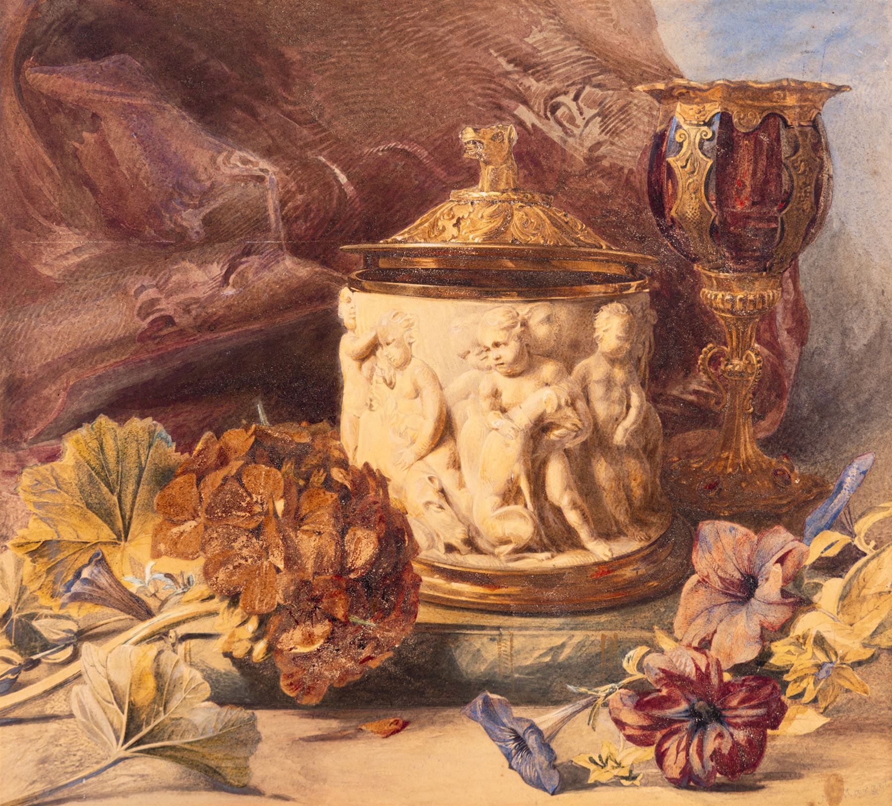 Mary Margetts (British fl.1841-1886): 'An Ivory Tankard with Flowers', watercolour signed, titled and dated 1884 on label verso 30cm x 33cm (unframed) 
Provenance: sold Bonhams London 9th August 2005 Lot 306