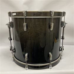 Pearl Vision SST Birch Ply shell four-piece drum kit in black comprising bass drum with foot pedal and three graduated toms; together with Pearl Custom Alloy Sensitone steel snare drum, drum and cymbal stands, microphone stand, stool and various drum sticks 