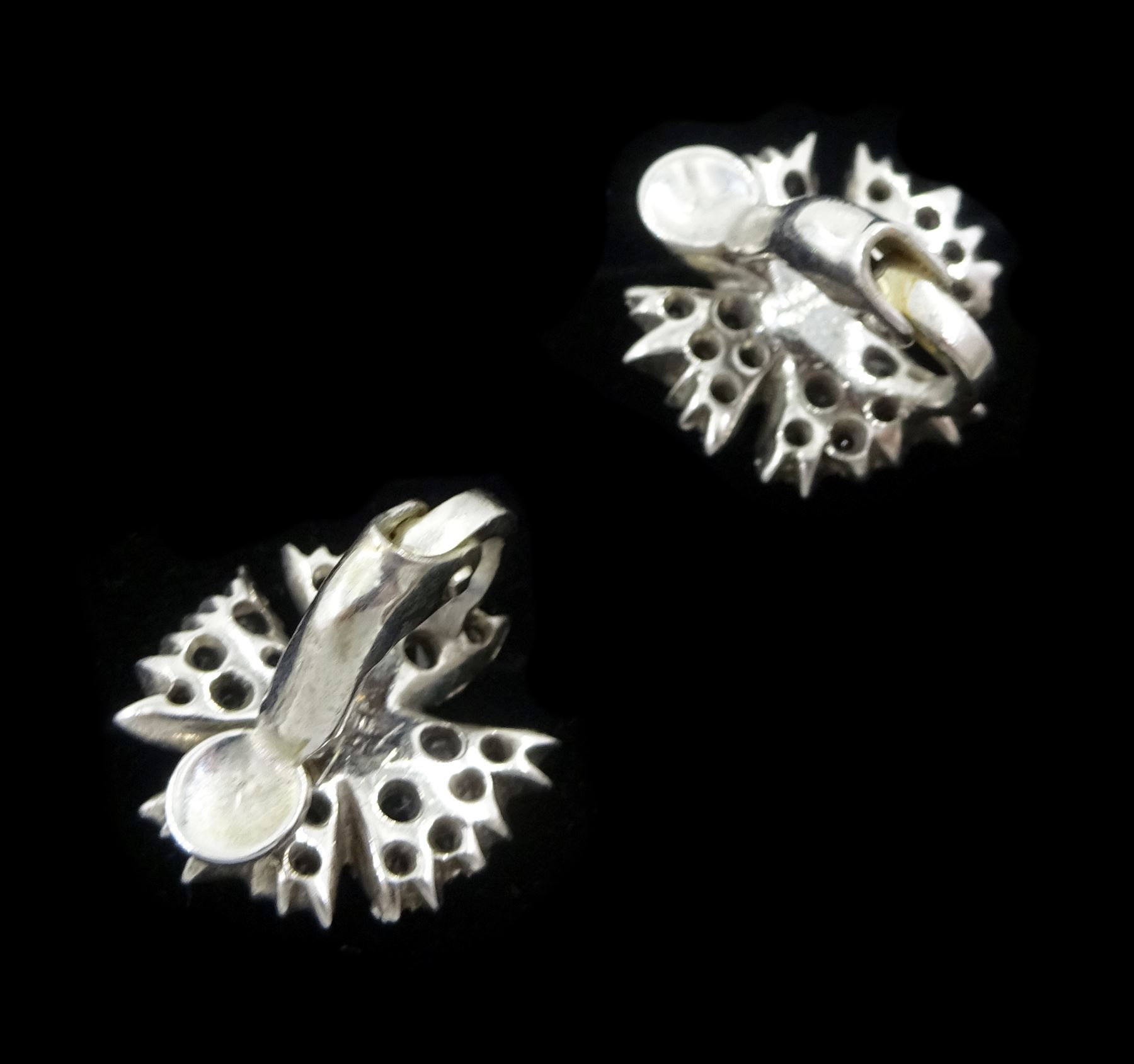 Silver synthetic sapphire and white paste stone set flower necklace, brooch and matching pair of earrings, stamped sterling
