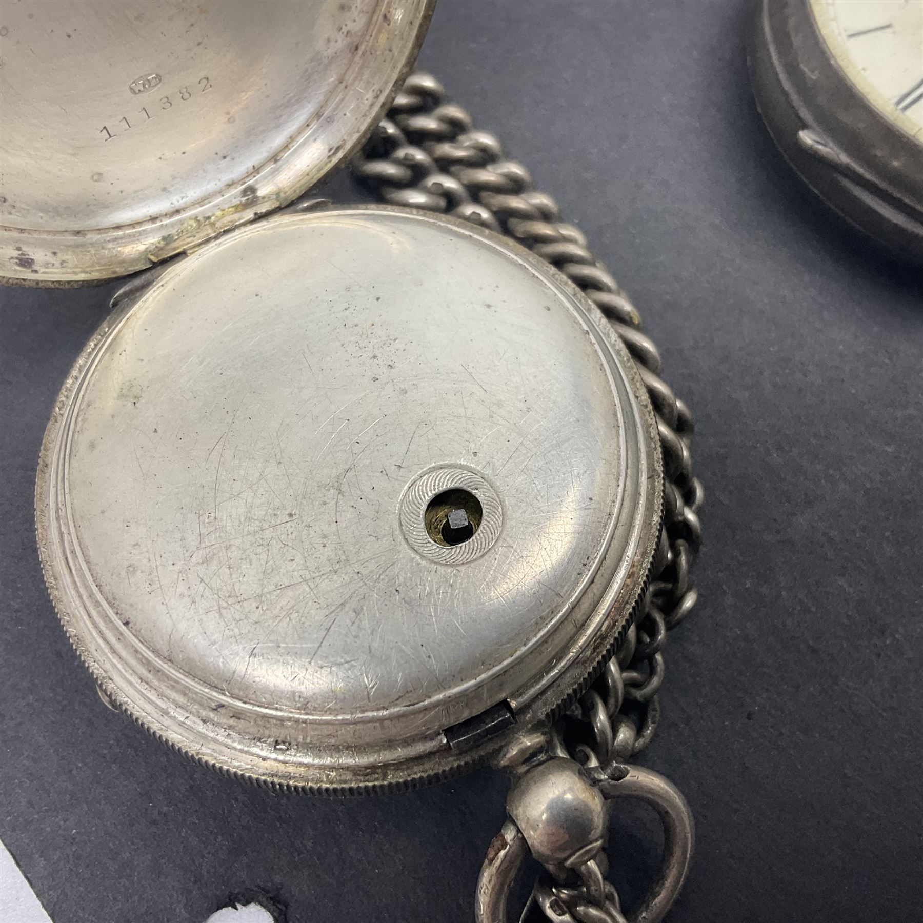 Five Victorian and early 20th century silver lever pocket watches including keyless half hunter, Fattorini & Sons, Bradford, Thomas Russell & Sons, Liverpool and Thomas Yates, Preston and a silver graduating Albert chain with fob