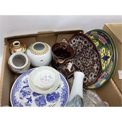 Quantity of ceramics to include Kernewek Cornwall tea wares, pair of Royal Doulton Islamic series plates, sage green Wedgwood Jasperware, Coclough tea wares, glassware etc in two boxes