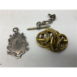 9ct gold bar brooch, five silver fobs/medallions, silver whistle, silver vesta case, three silver/plated chains, three silver brooches etc., approximate silver weight 4 ozt (126 grams)