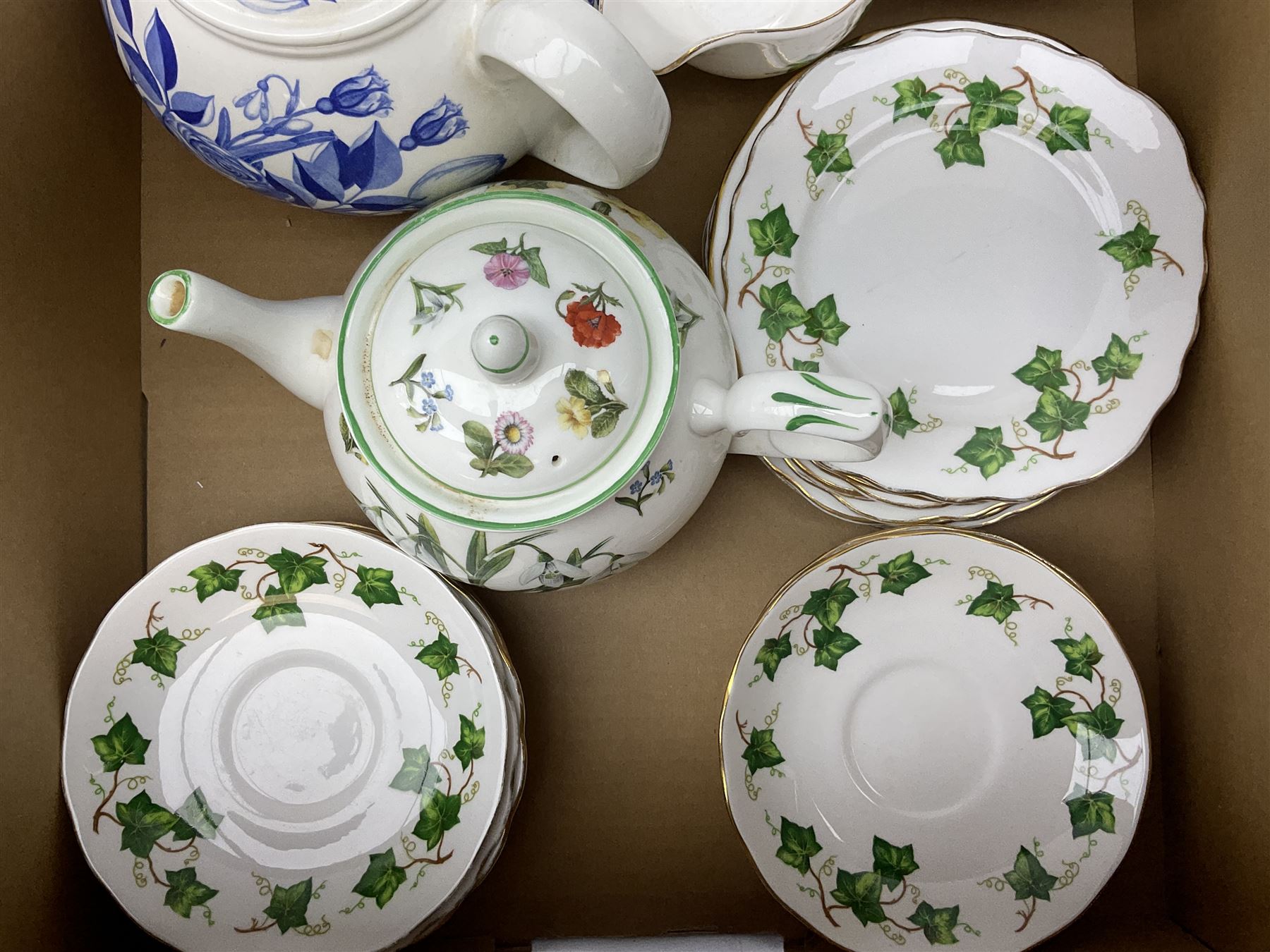 Quantity of teawares to include Coclough, Pearsons stoneware lidded twin handled pot, and other ceramics in two boxes