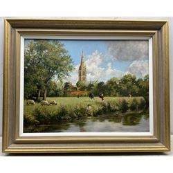 Stephen Park (British 1962-): Salisbury Cathedral from the River, oil on canvas signed 45cm x 60cm