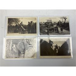 Postcards and postal history, including WWII period items, topographical postcards, military themed postcards including 'Daily Mail Battle Picture', 'War Bond Campaign Post Card' etc, housed in three ring binder albums, and an album containing various photos of men in military uniform dating from the late 1940s