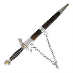 German Third Reich Luftwaffe Officers Dress Dagger by Alcoso Solingen, the 30cm double edged blade marked Alcoso Solingen, with plated down-swept quillons and pommel bearing swastika, wire-bound blue leather grip, the leather covered sheath with mounts and hanging chains, overall L50cm 