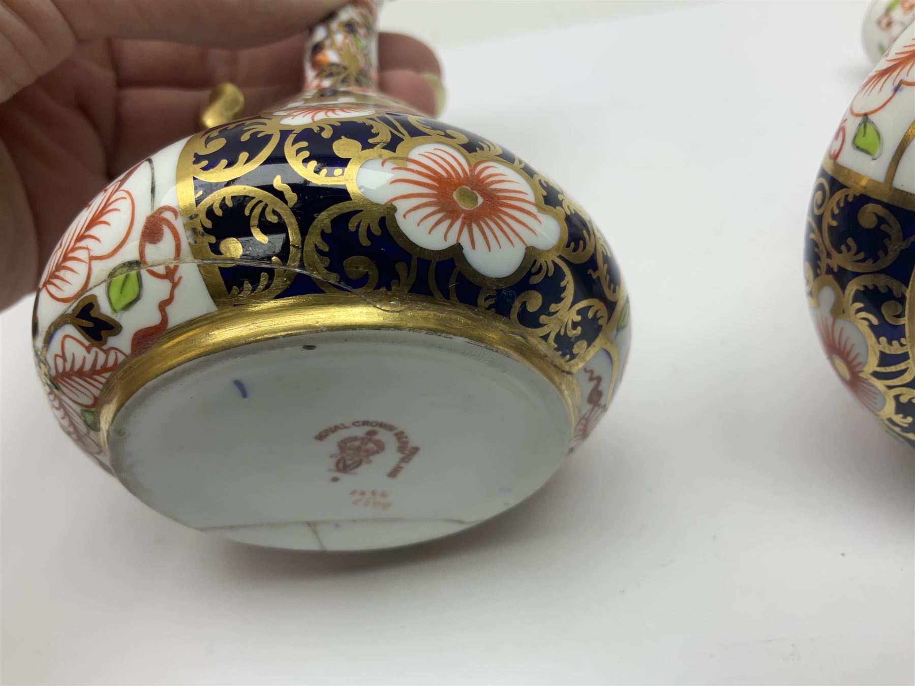 Pair of Royal Crown Derby 6299 imari pattern miniature vases