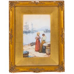 Frank Henry Mason (Staithes Group 1875-1965): 'Leisure Moments' - Girls Knitting on the Quayside Scarborough, watercolour signed, old title label verso 28cm x 18cm
Provenance: purchased David Duggleby Ltd 16th September 2022 Lot 150
