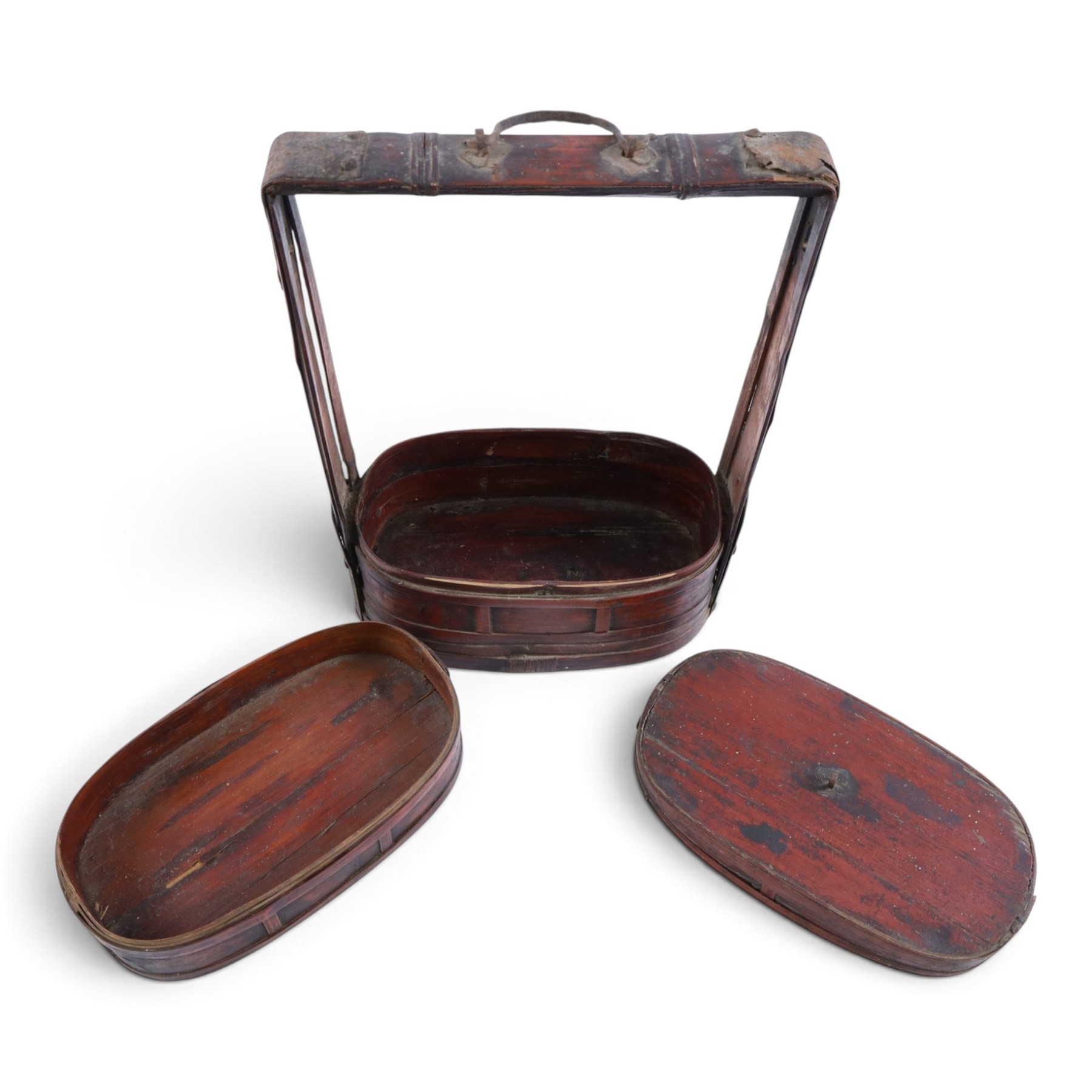 Chinese Dou, together with lacquered tray decorated with figures and bamboo steamer