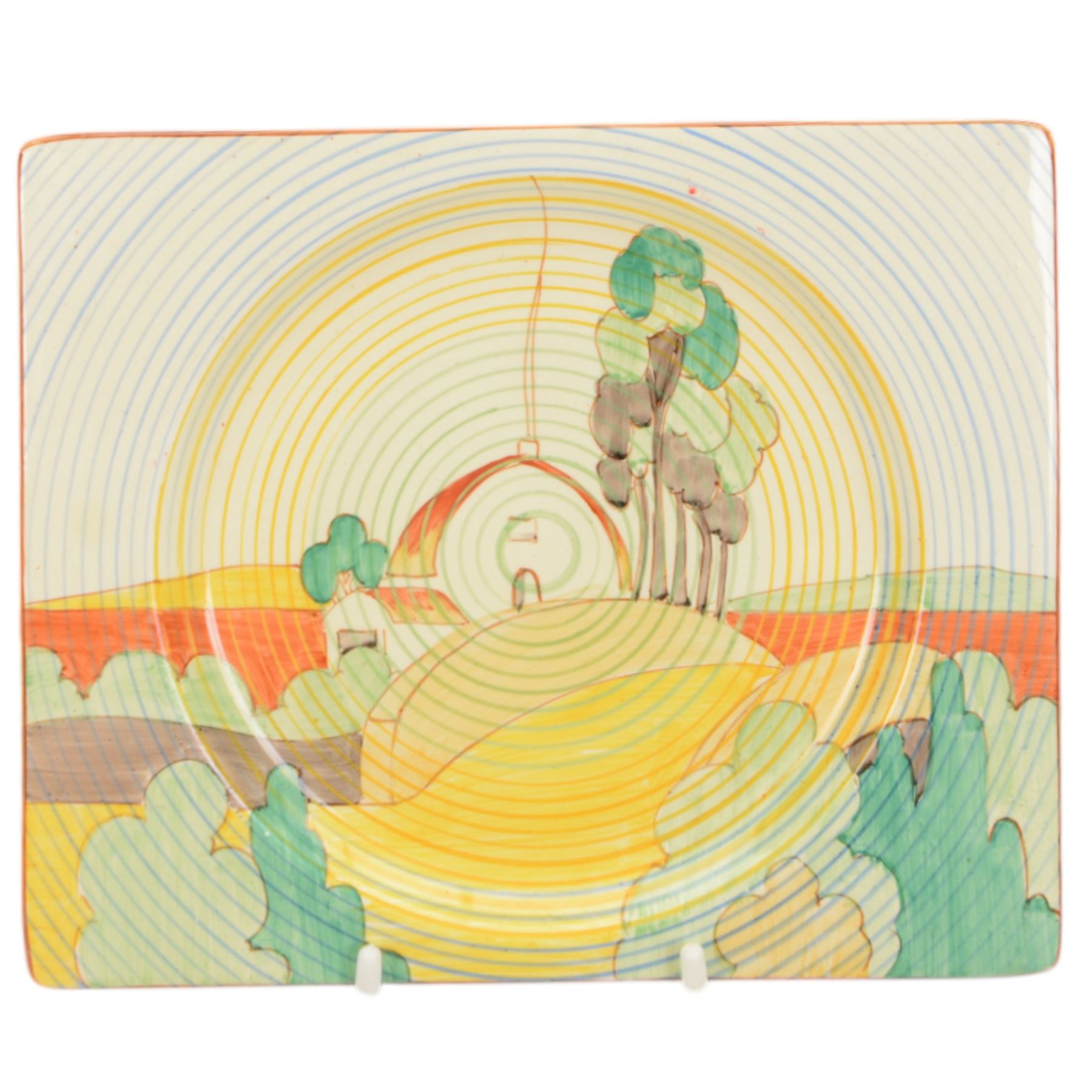 Clarice Cliff Biarritz sandwich set, comprising a rectangular platter and six side plates, all in the Brookfields pattern, the platter with printed Clarice Cliff Newport Pottery and The Biarritz Royal Staffordshire mark beneath, platter H23cm, W19.5cm
