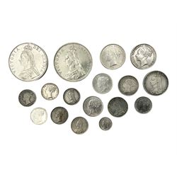 Queen Victoria silver coins comprising two double florins dated 1887 and 1889, three shillings two dated 1887 another 1890, four sixpence coins dated 1886 and three 1887, four three pence coins dated 1887, three four pence coins dated 1838, 1842, 1854 and 1887, one and a half penny coin dated 1843